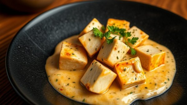 Delicious tofu dish with creamy sauce on a black plate, a delightful tofu recipe.