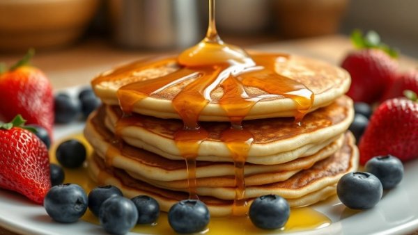 Vegan sheet pan pancakes with syrup and berries on a white plate.