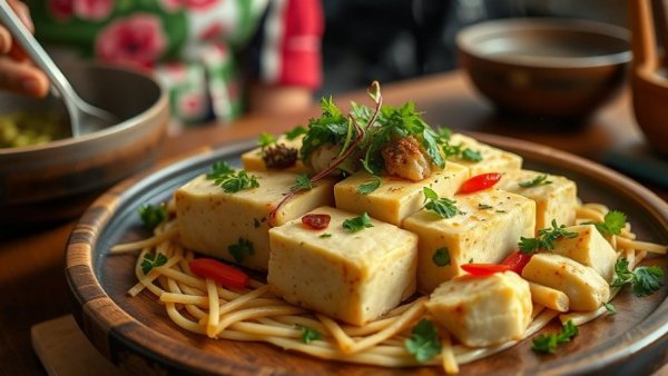 Appetizing tofu recipe with herbs on a plate