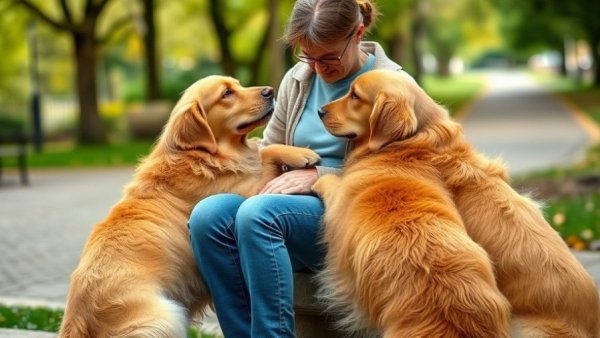 Emotional support dogs in the UK comforting a person in a park.