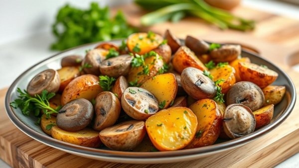 Vegan Cooking: Vibrant vegan dish with mushrooms and potatoes in a kitchen setting.