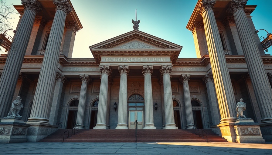 Majestic courthouse representing FINRA authority, grand architecture.