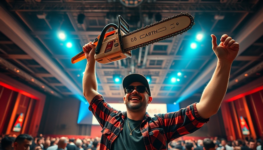 Decorative chainsaw held aloft impact of DOGE cuts conference.