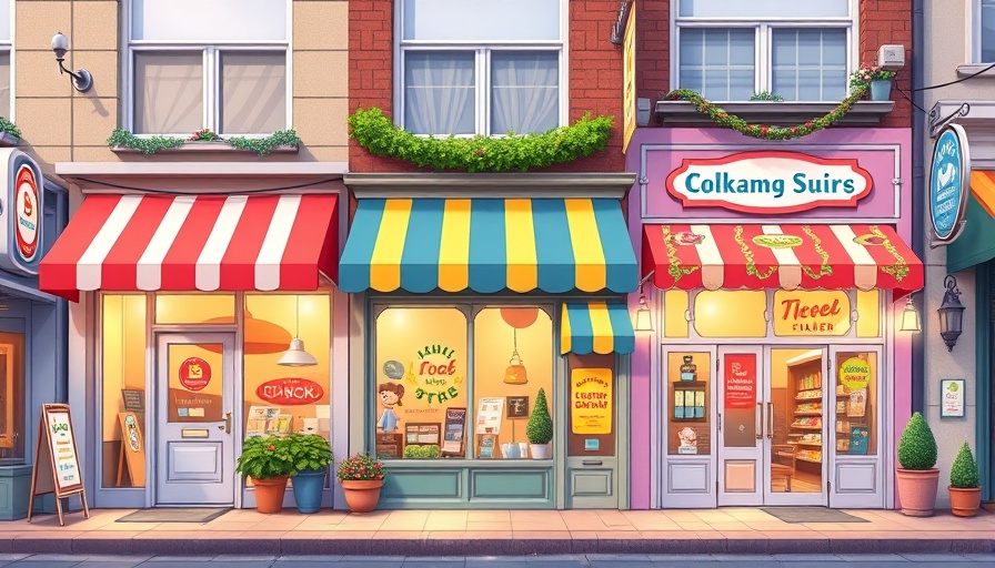 Colorful cartoon storefronts representing small businesses