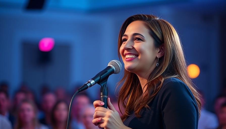 Woman discussing return to office policies on stage, engaging audience.