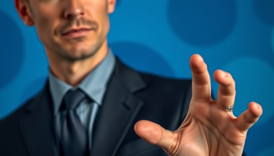 Man in dark suit gesturing against blue background, policy impacts.