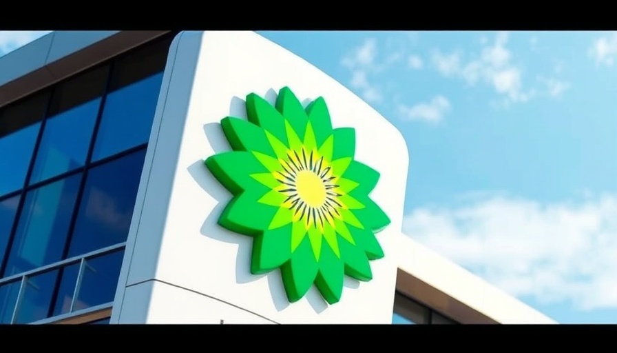 BP logo on building facade symbolizing oil and gas investment strategy.