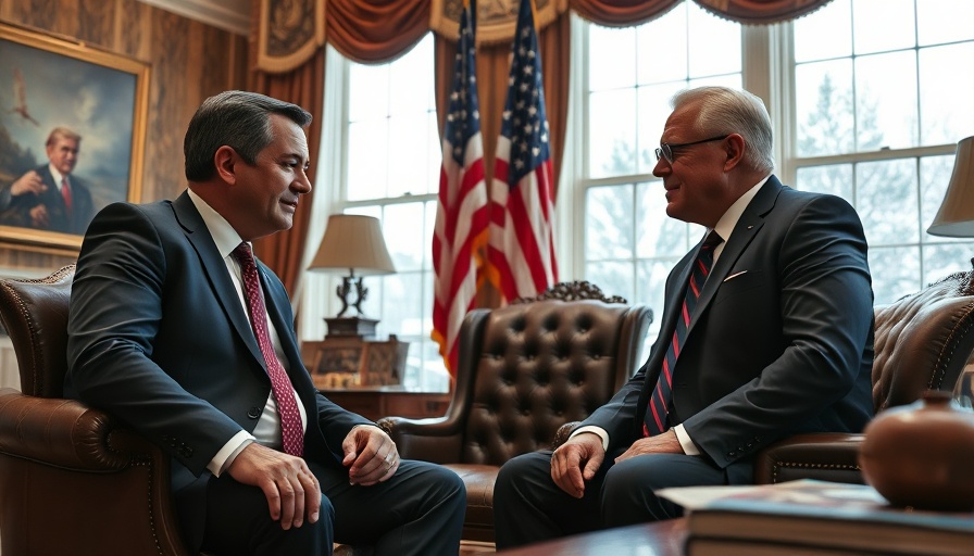 Discussion in presidential office with winter window view.