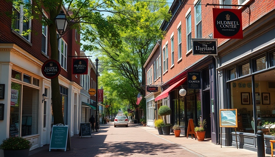 Charming Maryland small business street, local shops in daylight.