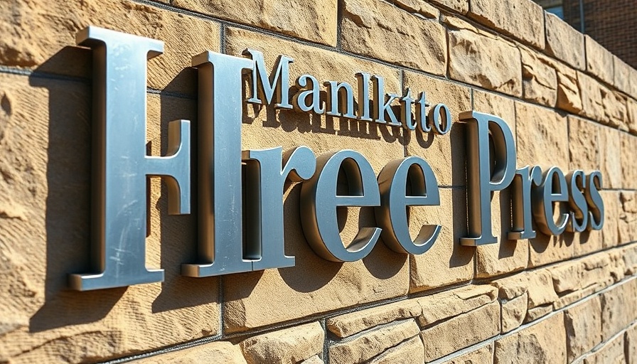 Mankato Free Press wall sign in sunlight, representing local business.