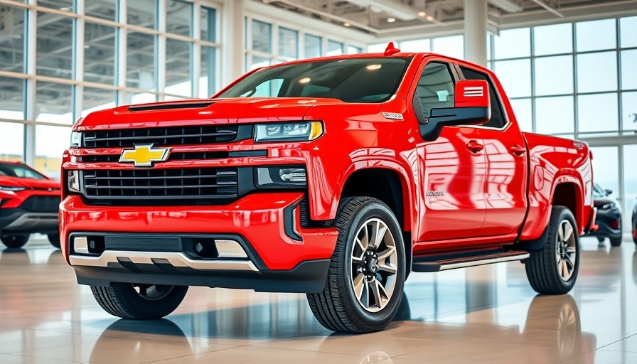 Red Chevrolet truck displayed in showroom related to Trump's tariffs on new cars.