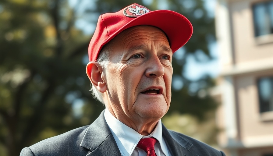 Older man in red cap and suit discussing new tariffs impact outdoors.