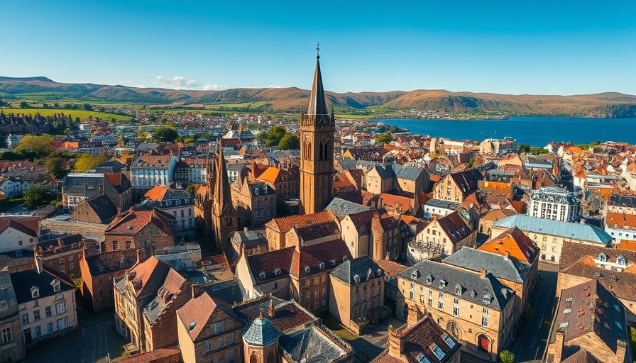 Aerial view of Scottish cityscape showcasing historic architecture under blue sky.