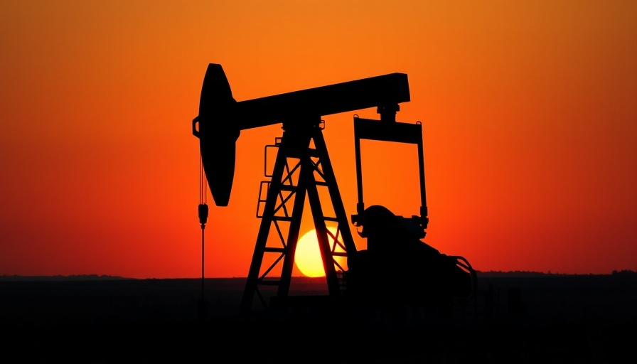 Silhouette of oil pump jack at sunset, symbolizing oil price drop.