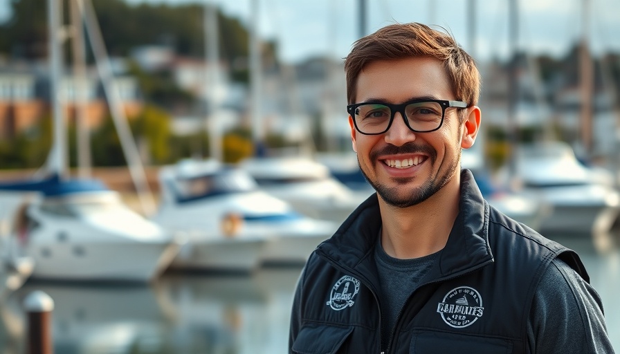 Smiling professional man in outdoor marina setting.