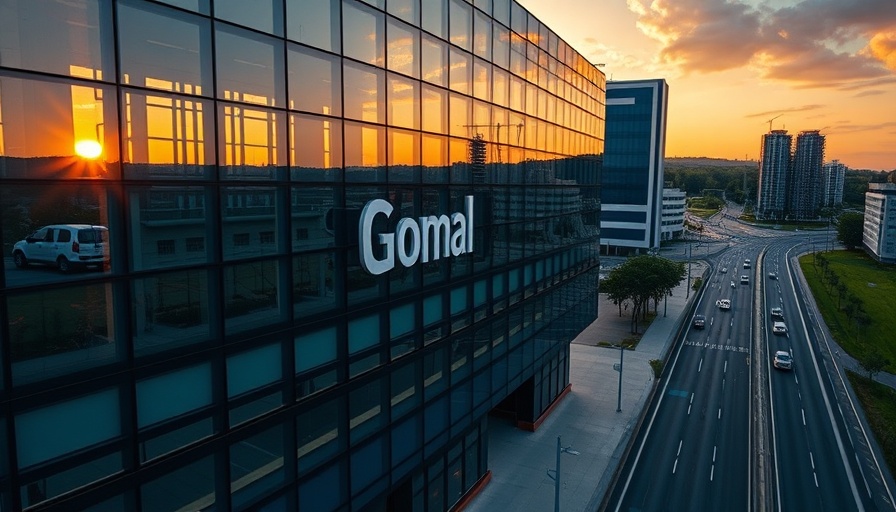 Modern financial firm's glass building at sunset reflecting road and greenery.