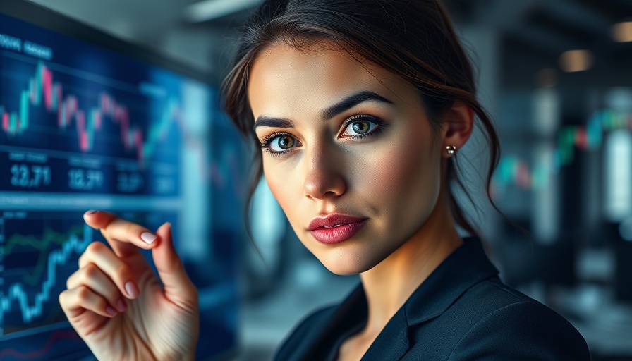 Confident woman in financial planning with graphs overlay, modern office setting.