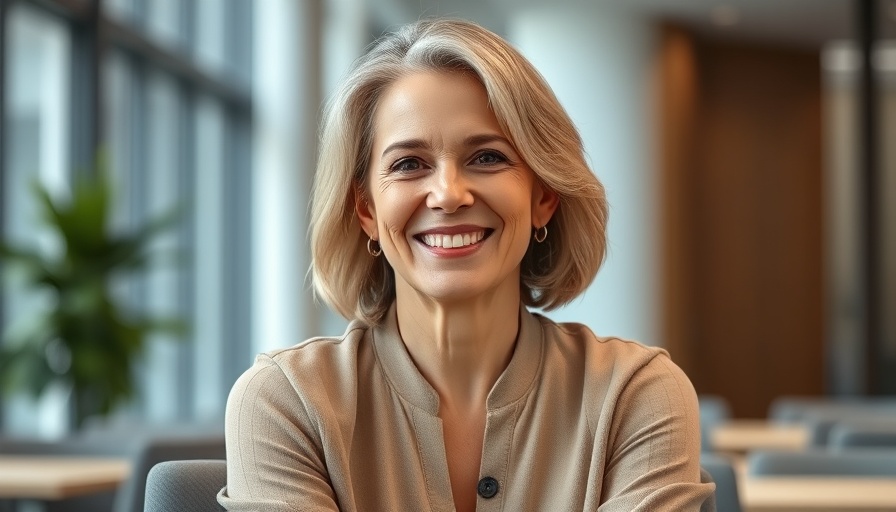 Middle-aged woman smiling confidently, seated indoors.