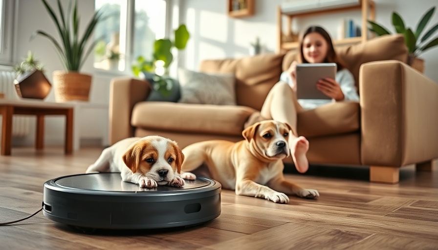 Cozy living room scene with a dog and robot vacuum in natural light.