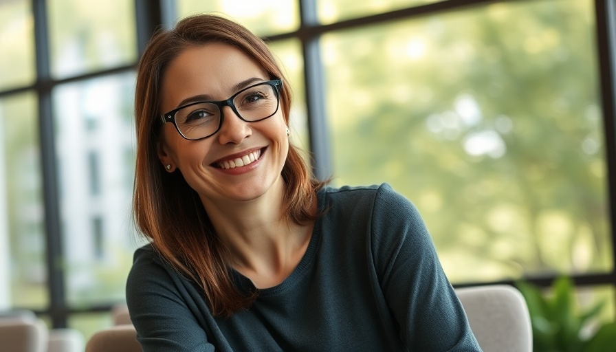 Smiling woman in blue blazer with glasses, natural background.