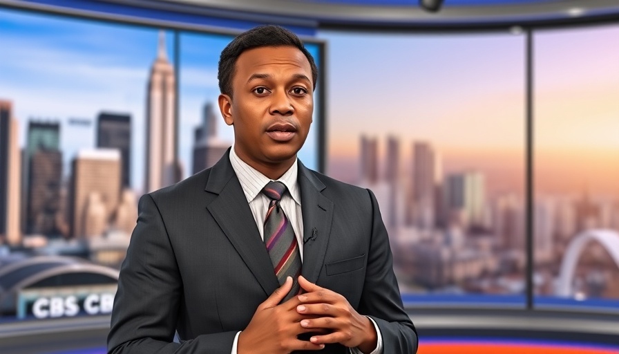 News anchor delivering broadcast in front of skyline backdrop.