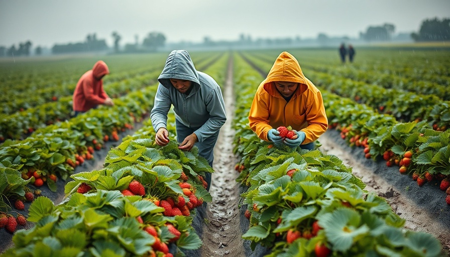 Rural workers harvesting strawberries in the rain, environmental journalism.