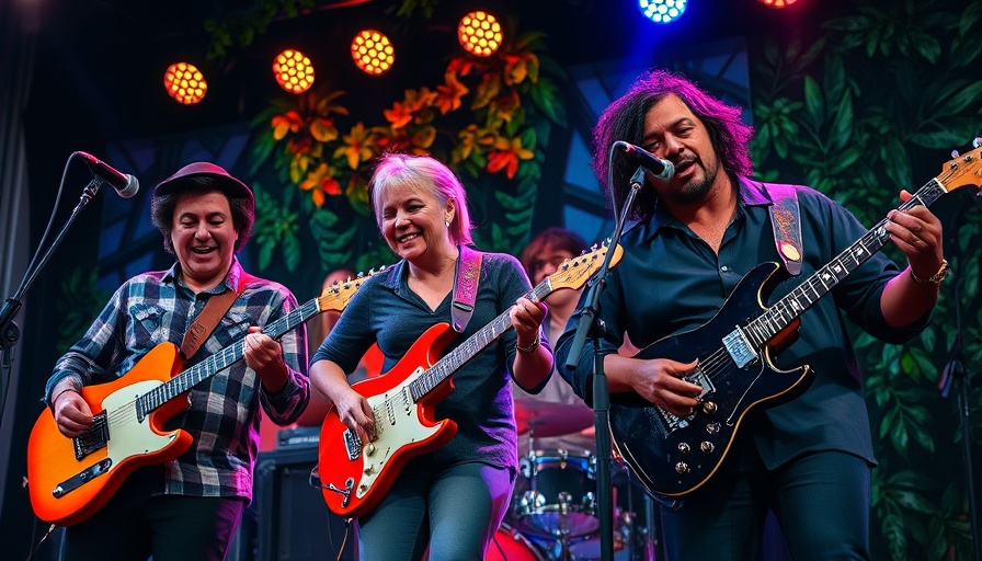 Musicians performing on stage with colorful stage lights.