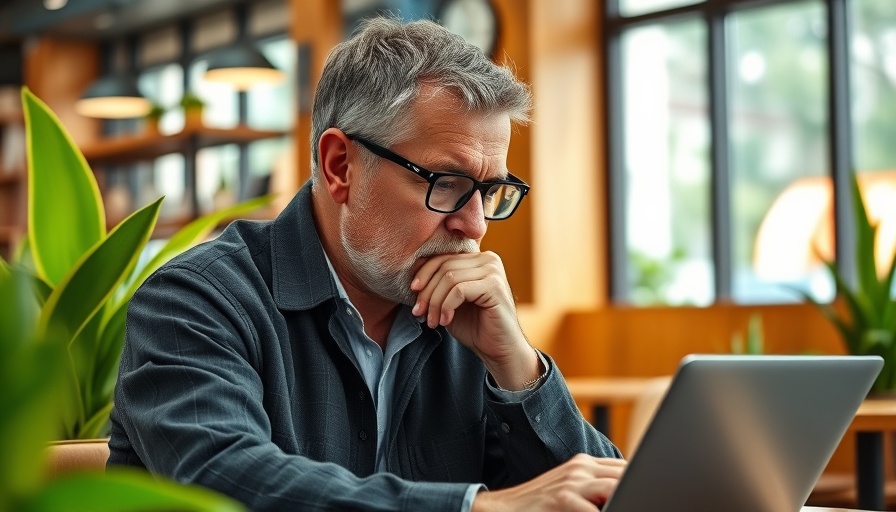 Middle-aged man in café facing small business pressures from economy and AI.