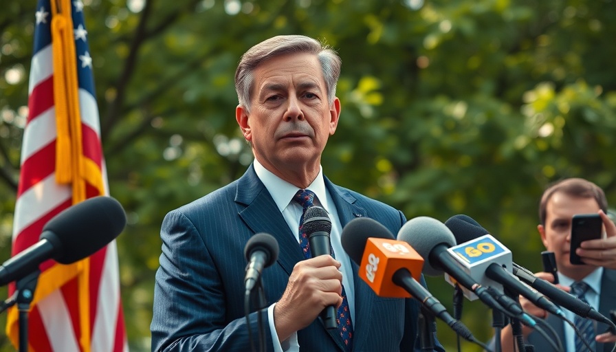 Man in suit with microphones, American flag, new tariff revenue discussion.