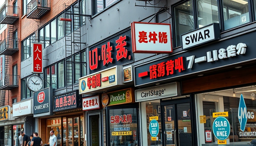 Urban storefronts with distinct shop signs, city setting.