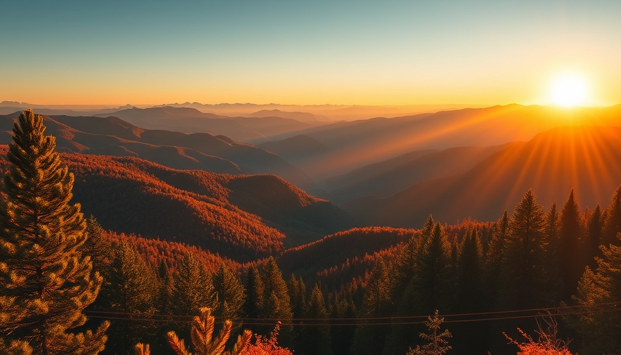 Breathtaking sunrise with mountain ranges and autumn foliage.