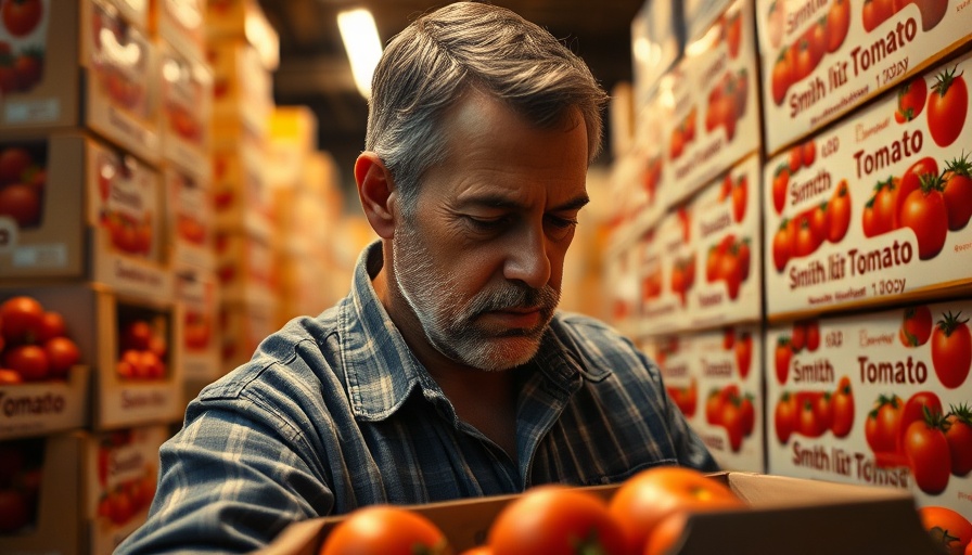 Man organizing tomato boxes amid tariff impacts on farmers.