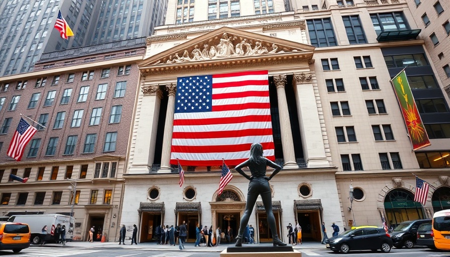 Front of New York Stock Exchange with American flag and Fearless Girl statue, symbolizing stock market investments.