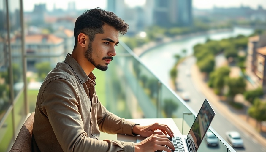 Man working on investment strategy with laptops on balcony.