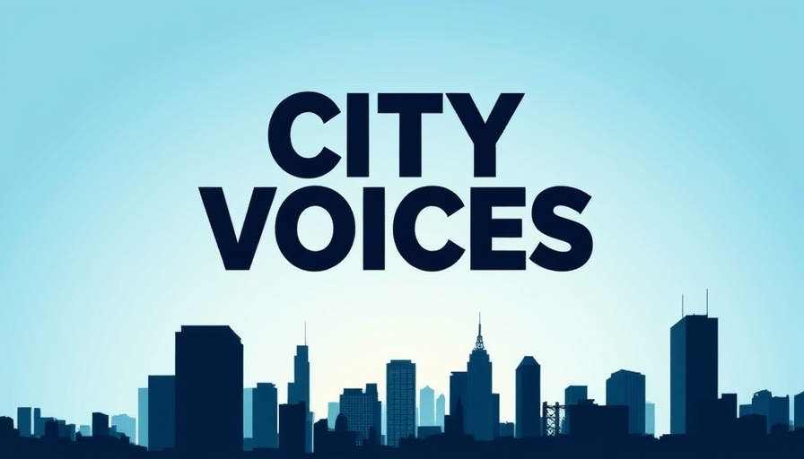 City skyline graphic with 'City Voices' text overlay representing urban adaptation for small business owners.
