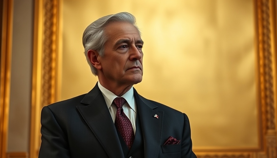 Contemplative older man in formal attire against golden backdrop.