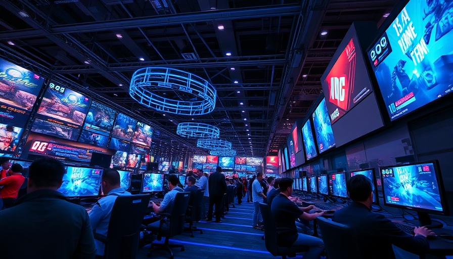Exciting scene at a gaming convention with players at monitors, Social Media and Video Gaming ETFs Performance.