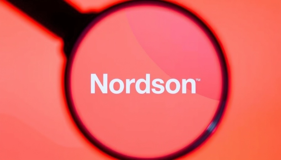 Magnifying glass effect on Nordson logo in orange tones.