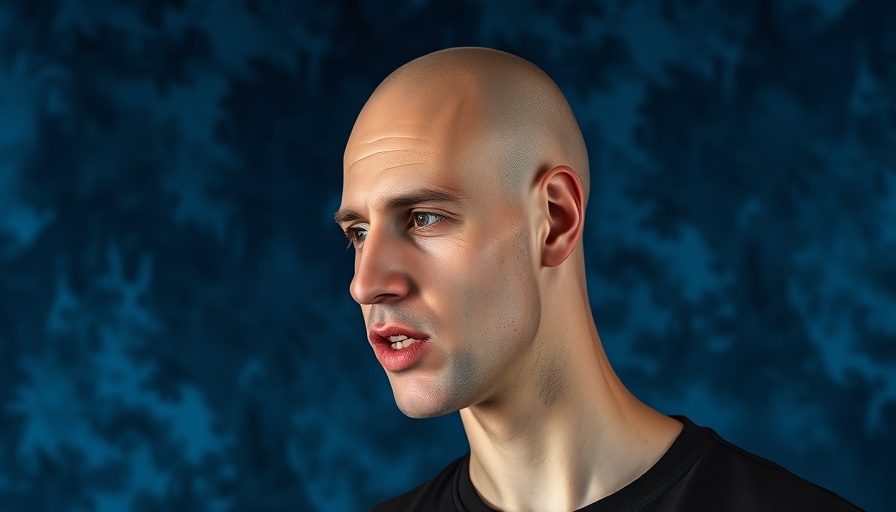 Young bald man speaking against a blue and black background.
