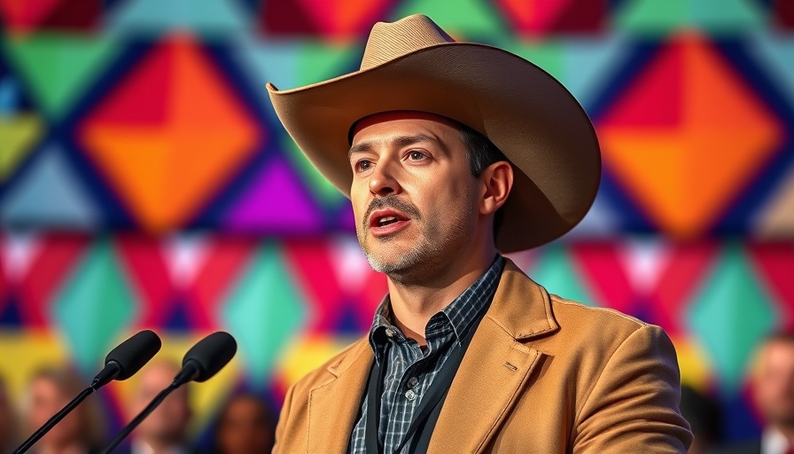 Individual in cowboy hat speaking at an event with vibrant background.