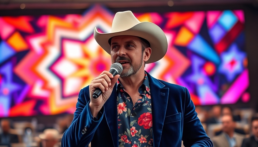 Man in cowboy hat discussing financial storytelling management at a conference.