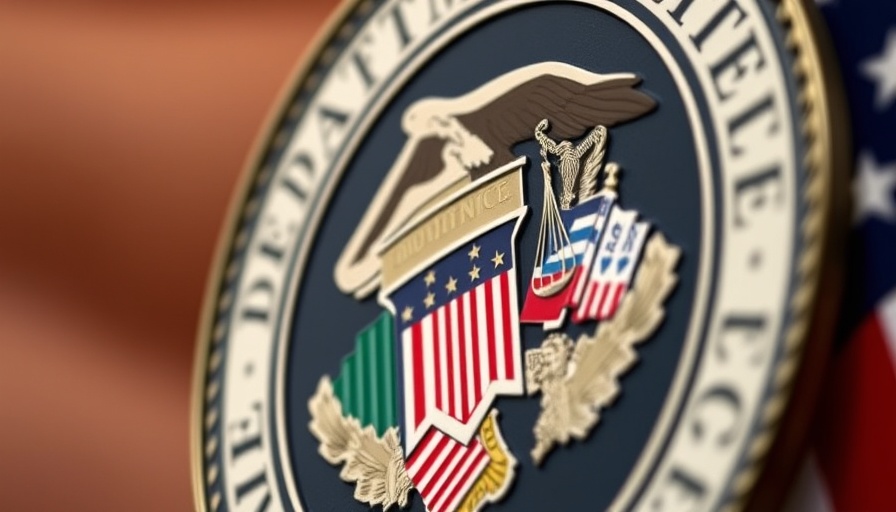 Close-up of Department of Justice emblem with flag, representing governance and justice.
