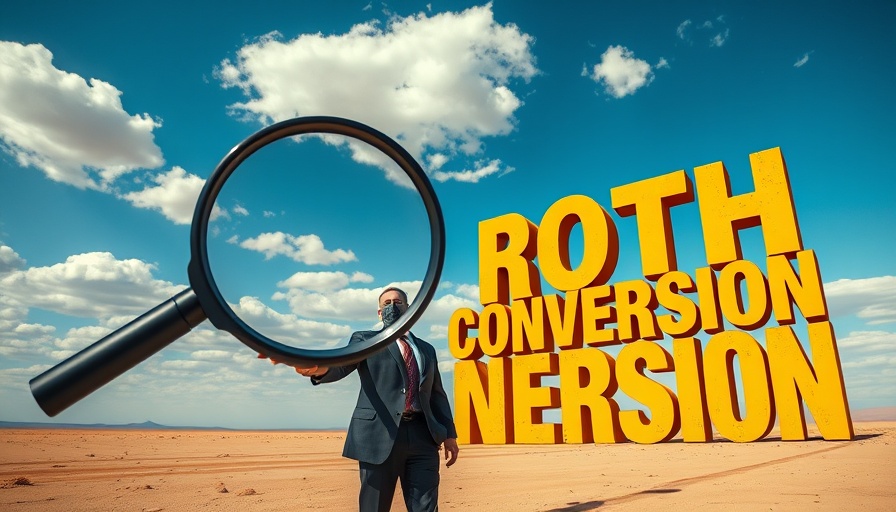 Person holding magnifying glass with 'ROTH CONVERSION' in desert sky.