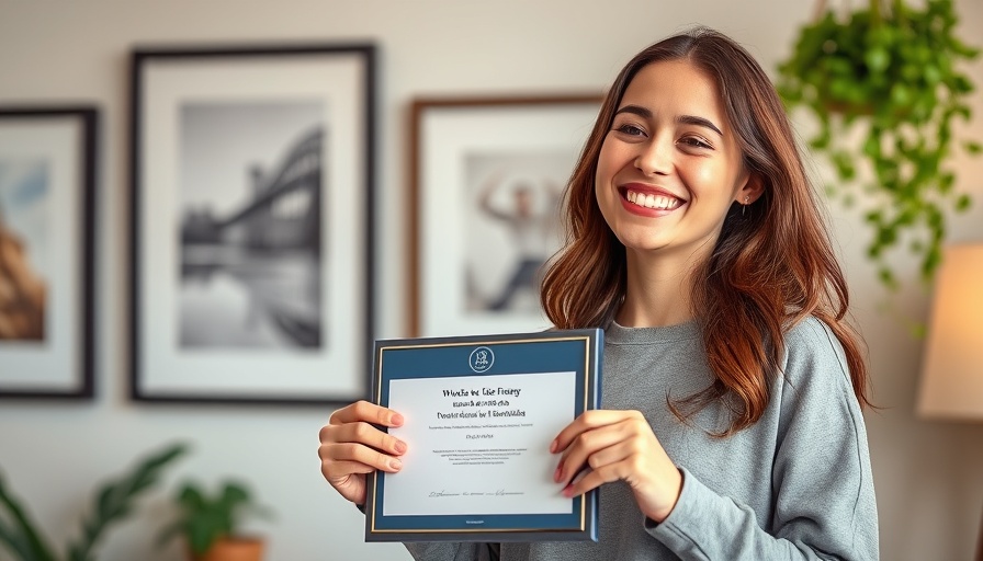 Young woman smiling with award, indoor setting, framed art.