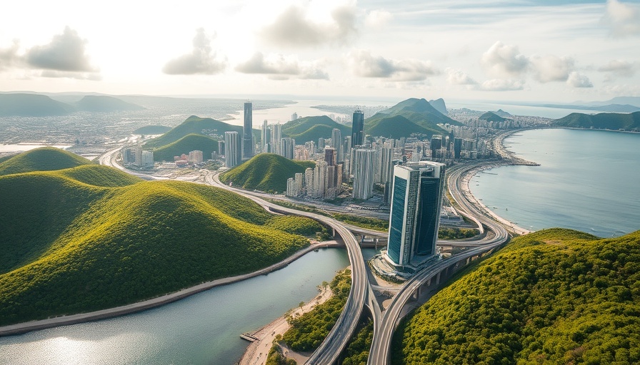 Aerial view of coastal city with skyscrapers and highway in China.