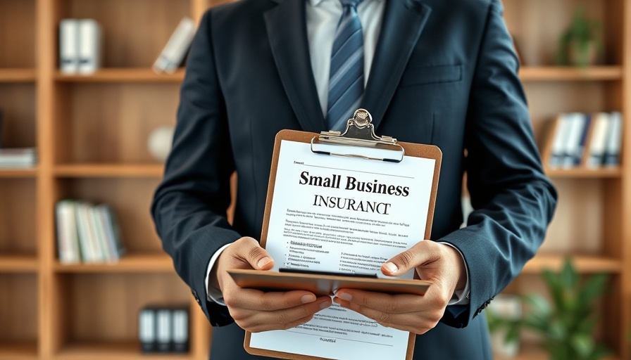 Clipboard with small business insurance document held by a suited professional.