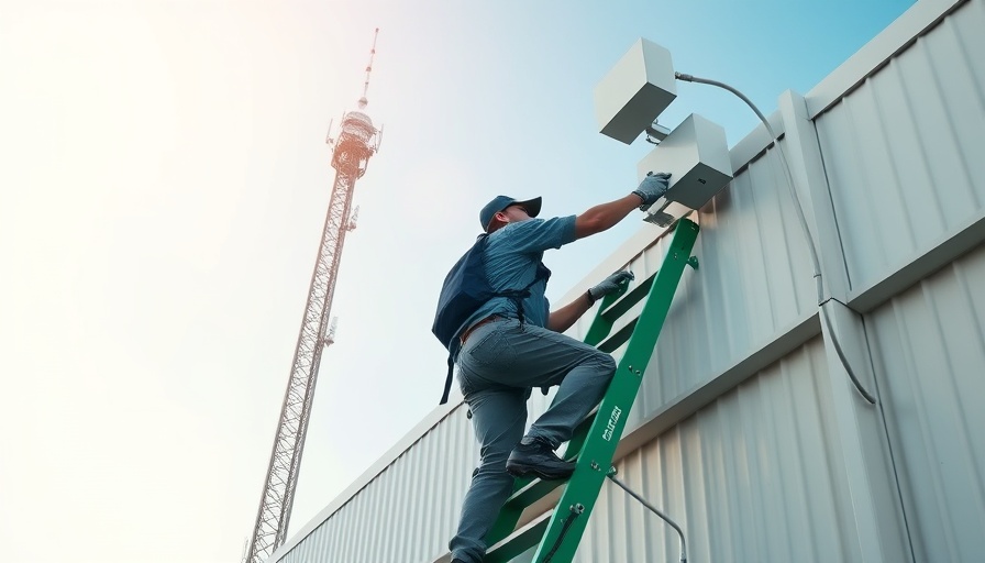 Worker installing equipment next to a tower, representing hometown service internet grant.