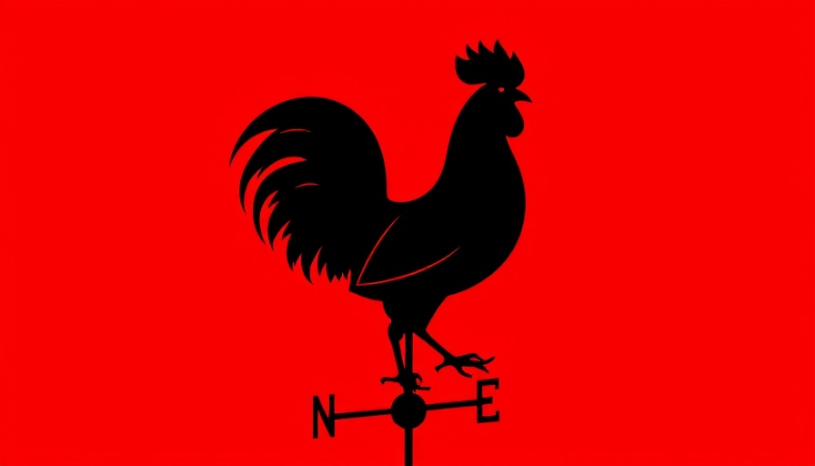 Bold rooster weather vane silhouette on red background