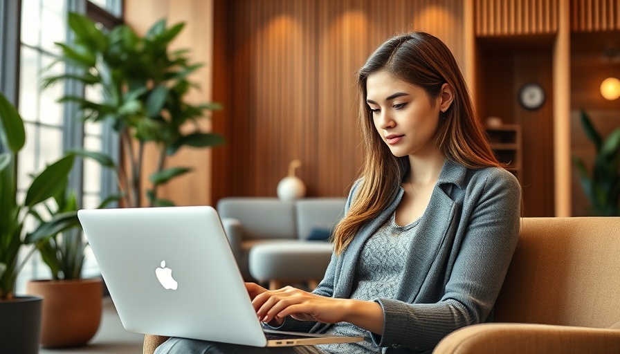 Young woman focused on laptop in modern office.