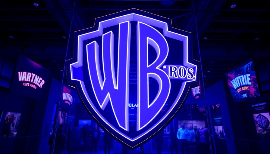 Illuminated Warner Bros logo at an exhibition during the Paramount-Warner merger event.